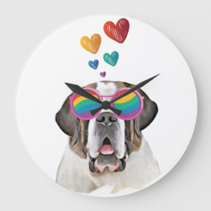 Grande Horloge Ronde Chien Saint-Bernard avec coeurs Saint-Valentin 