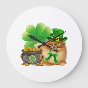 Grande Horloge Ronde Chien Shamrock de Poméranie Jour de la Saint Patri