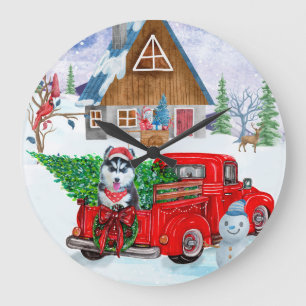Grande Horloge Ronde Chien sibérien Husky dans la livraison de Noël Cam