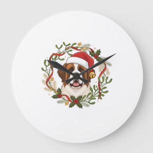Grande Horloge Ronde Chien St Bernard Noël Chapeau de Père Noël Couronn