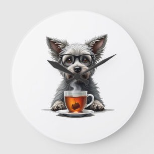 Grande Horloge Ronde Chien Vintage tenant du thé avec des lunettes Retr
