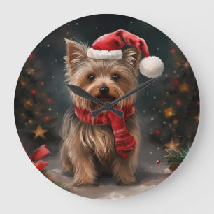 Grande Horloge Ronde Chien Yorkshire Terrier dans la neige de Noël