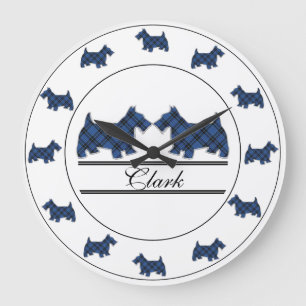Grande Horloge Ronde Chiens écossais Clan Clark et Clergy Tartan Scotti