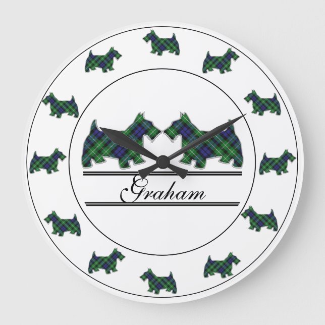 Grande Horloge Ronde Chiens écossais du clan écossais Graham Tartan Pla (Recto)