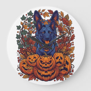Grande Horloge Ronde Chiens Pitbull Bleus Citrouilles Halloween Feuille