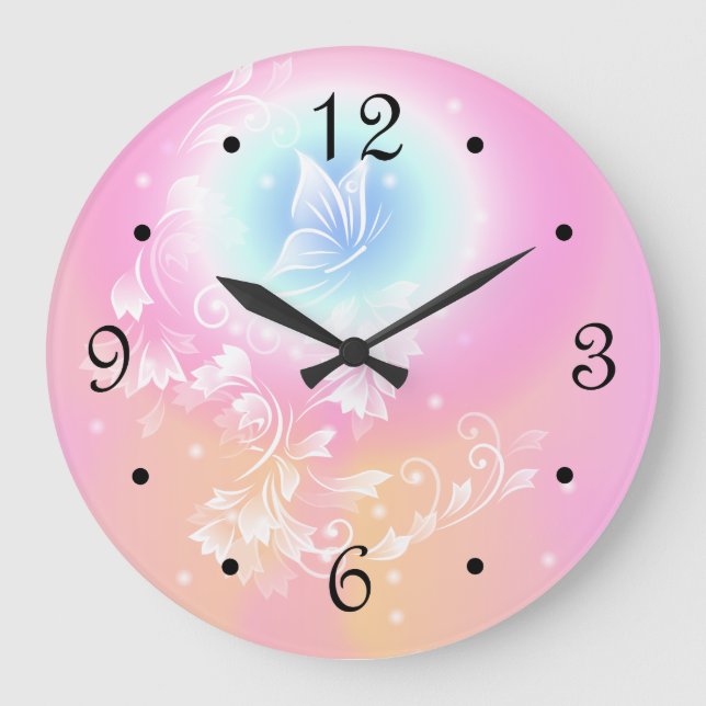 Grande Horloge Ronde Chiffres de filles papillon rose floral (Recto)