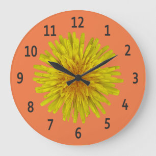 Grande Horloge Ronde Chiffres jaunes de noir de fleur de pissenlit sur