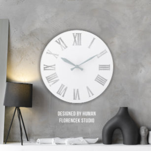 Grande Horloge Ronde Chiffres romains gris gris argenté blanc