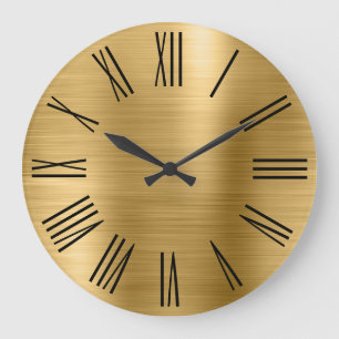 Grande Horloge Ronde Chiffres romains noirs en feuille d'or brossée