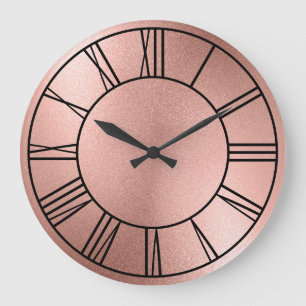 Grande Horloge Ronde Chiffres romains noirs sur fond or rose métallisé