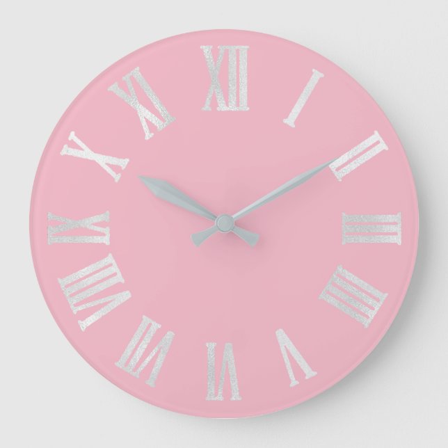 Grande Horloge Ronde Chiffres romains rose rose gris métal argenté (Recto)