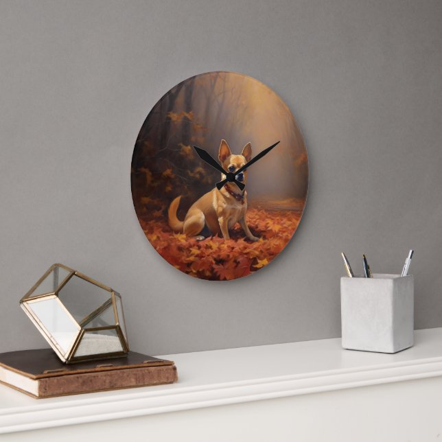 Grande Horloge Ronde Chihuahua à l'automne Leaves automne Inspire (Bureau)