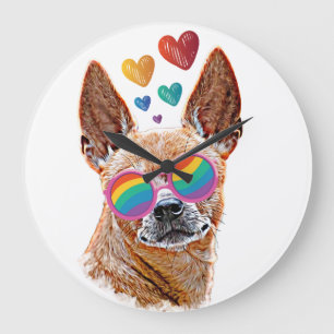 Grande Horloge Ronde Chihuahua Chien avec Coeurs Saint Valentin