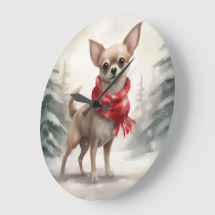 Grande Horloge Ronde Chihuahua Chien dans Noël de neige