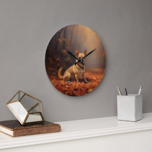 Grande Horloge Ronde Chihuahua dans les feuilles d'automne qui tombent