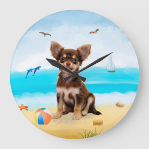 Grande Horloge Ronde Chihuahua Dog sur la plage