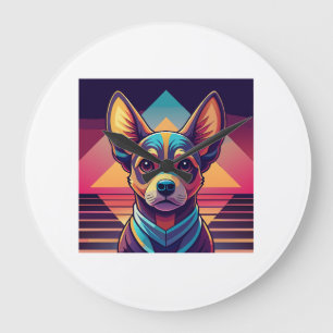 Grande Horloge Ronde Chihuahua Néon Rétro � Art de chien Synthwave vibr