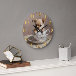 Grande Horloge Ronde Chihuahua Puppy Dans Une Peinture À Huile De Teint
