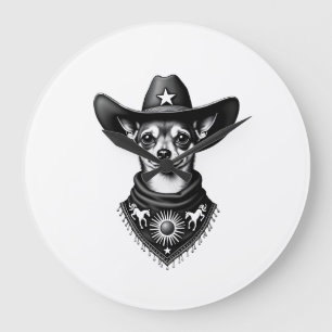 Grande Horloge Ronde Chihuahua vintage style cow-boy gravure western D