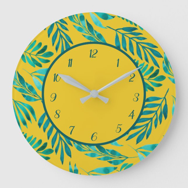 Grande Horloge Ronde Chimmer vert Feuille de feuillage tropical sur or (Recto)