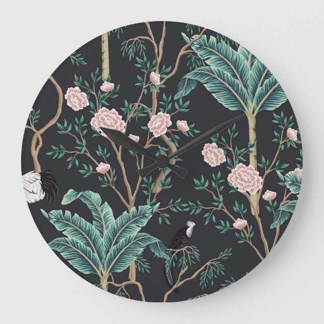 Grande Horloge Ronde Chinoiserie Oiseaux exotiques : Mur de bananier Vi (Recto)