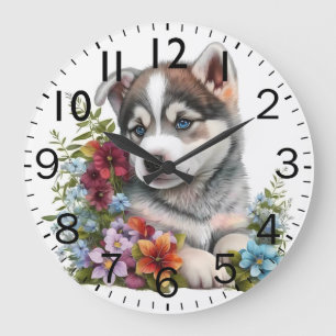 Grande Horloge Ronde Chiot de Husky sibérien adorable