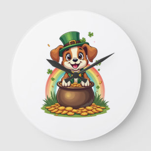 Grande Horloge Ronde Chiot Lucky Leprechaun Vintage Arc-en-Ciel Pot d'O