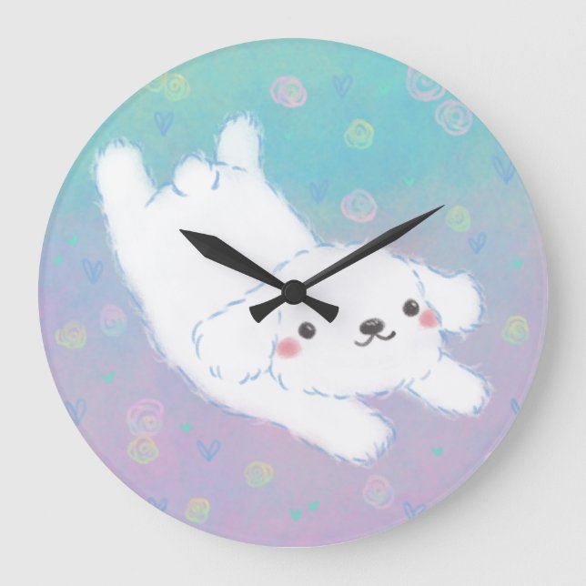 Grande Horloge Ronde Chiot Mignon avec Fleurs Pastel (Recto)