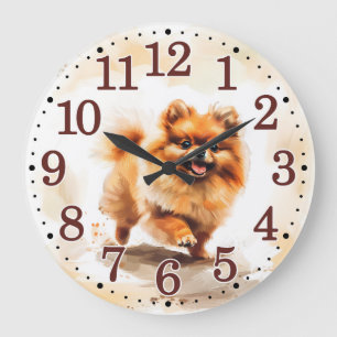 Grande Horloge Ronde Chiot Poméranien en jeu pour Amoureux des chiens