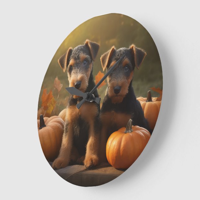 Grande Horloge Ronde Chiots Airedale Automne Délice Citrouille (Angle)
