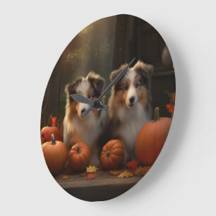 Grande Horloge Ronde Chiots Rough Collie Automne Délice Citrouille