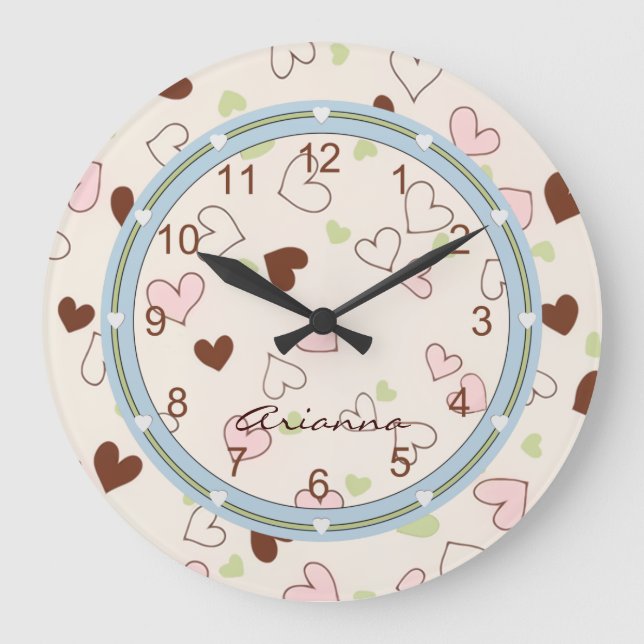 Grande Horloge Ronde Chocolat rose et Coeurs de citron vert Imprimer Ho (Recto)