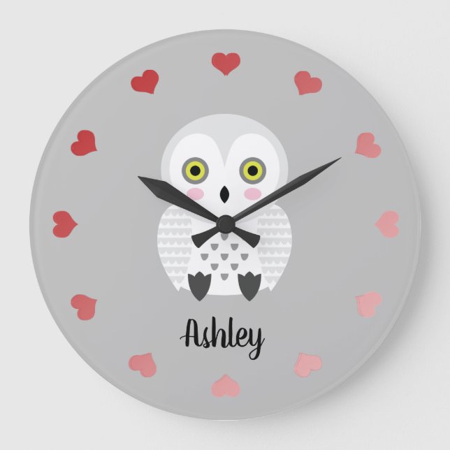 Grande Horloge Ronde Chouette blanche mignonne personnalisée (Recto)