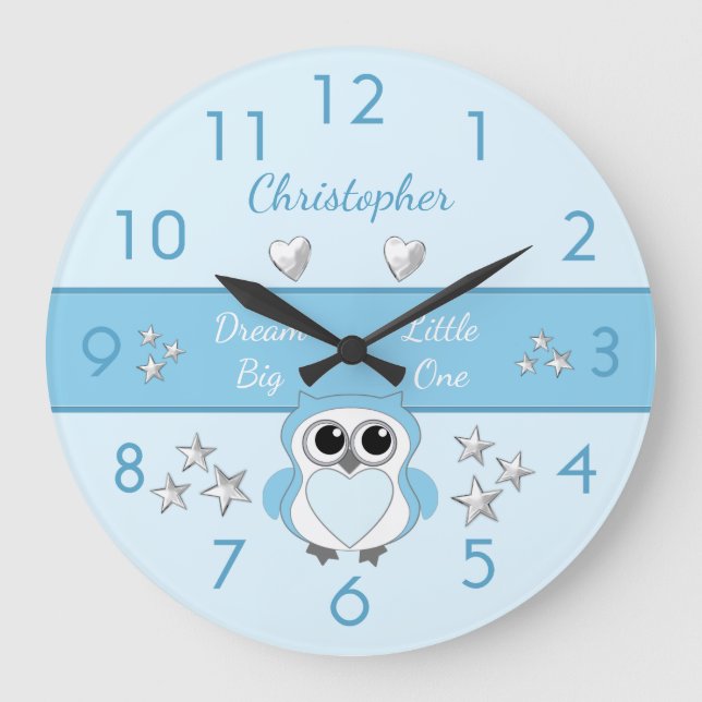 Grande Horloge Ronde Chouette bleu avec étoiles et un nom (Recto)