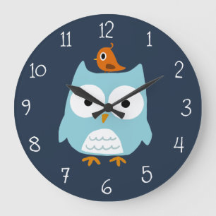 Grande Horloge Ronde Chouette bleue et oiseau d'Orange mou