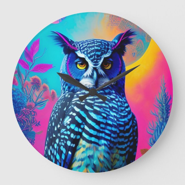 Grande Horloge Ronde Chouette bleue mignonne (Recto)