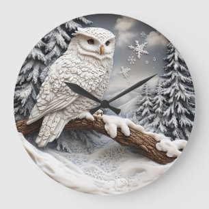 Grande Horloge Ronde Chouette dans un pays des merveilles hivernales.