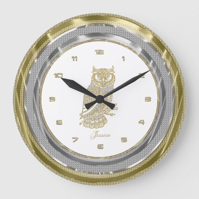 Grande Horloge Ronde Chouette d'or Faux Silver & Gold Bordure (Recto)