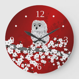 Grande Horloge Ronde Chouette mignonne Cerisier Fleur Rouge Noir Blanc 