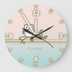 Grande Horloge Ronde Chouette mignonne et féminine, personnalisée