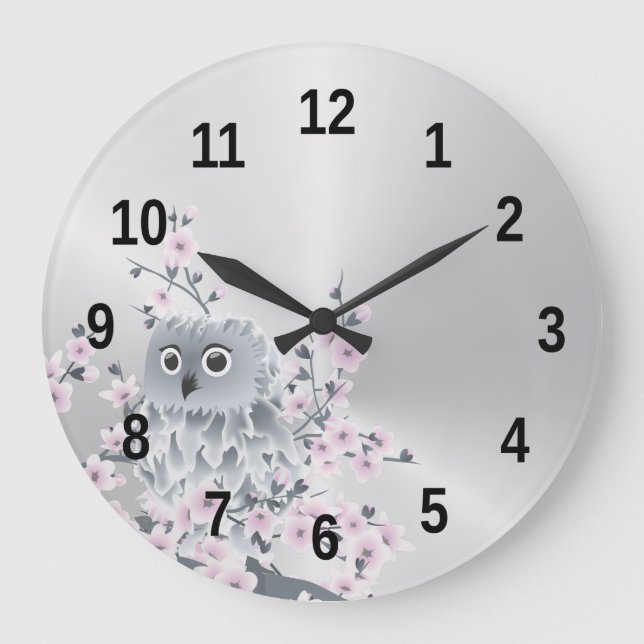 Grande Horloge Ronde Chouette mignonne et fleurs de cerisiers Argent (Recto)