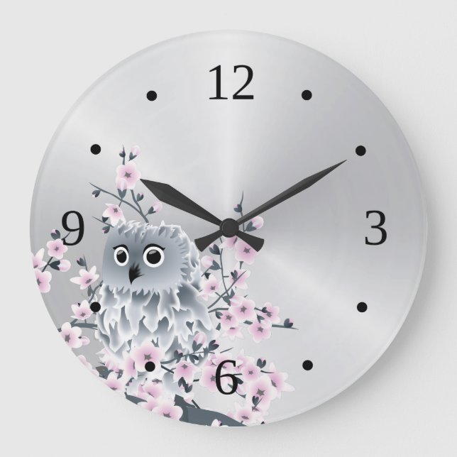 Grande Horloge Ronde Chouette mignonne et fleurs de cerisiers Argent (Recto)