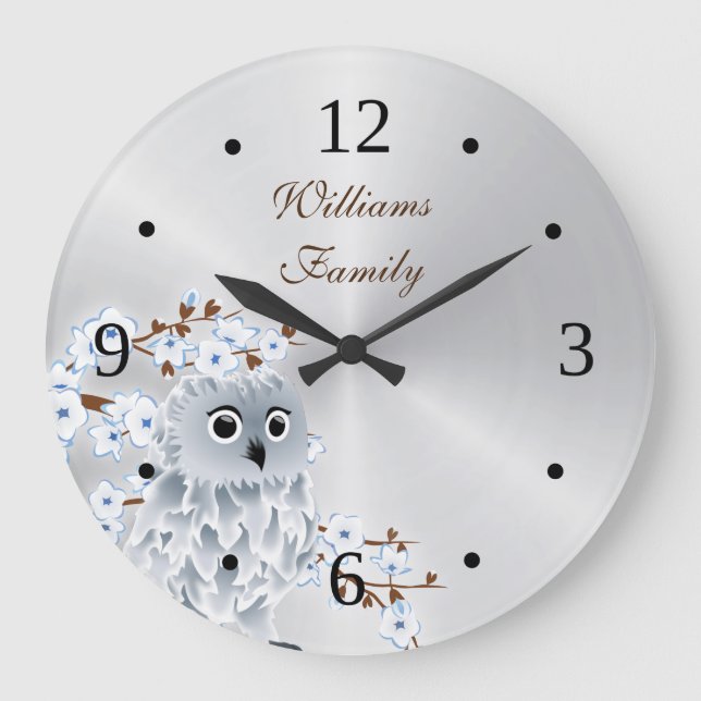 Grande Horloge Ronde Chouette mignonne et fleurs de cerisiers Monogramm (Recto)