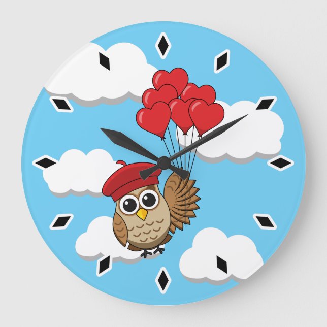 Grande Horloge Ronde Chouette mignonne volant avec des ballons de coeur (Recto)