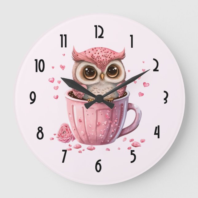 Grande Horloge Ronde Chouette rose mignonne en coupe (Recto)