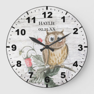 Grande Horloge Ronde Chouette rustique sur fraise Plante Grange Bois