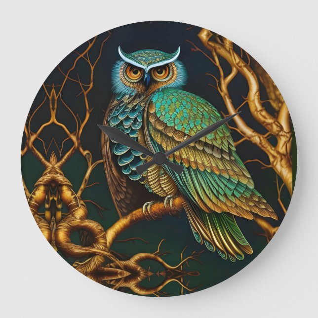 Grande Horloge Ronde Chouette Turquoise et Or (Recto)