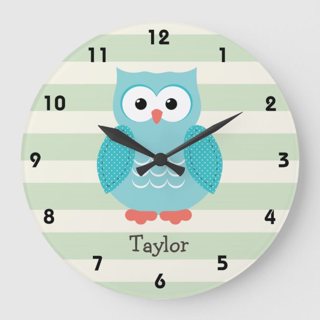 Grande Horloge Ronde Chouette turquoise sur Pastel Green Stripes (Recto)