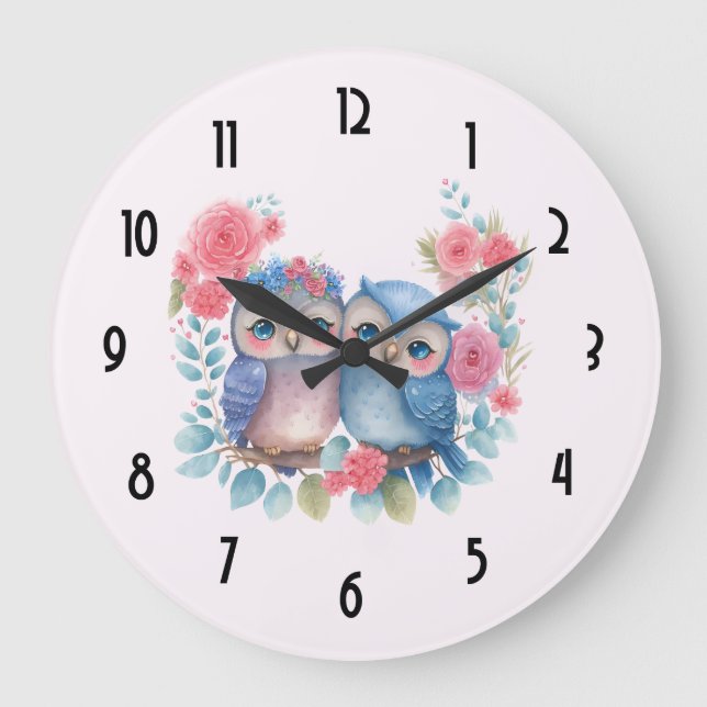 Grande Horloge Ronde Chouettes amoureuses Assis sur une branche d'arbre (Recto)