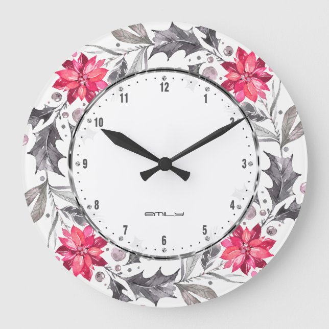 Grande Horloge Ronde Christmas Flowers et Leafs Wreath (Recto)